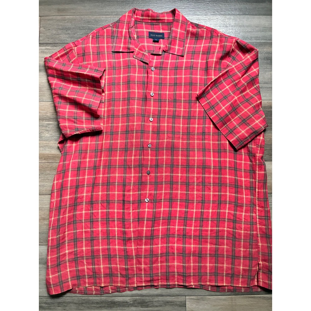 Scott Barber Mens XL Red Plaid 100% Linen Short Sleeve Button Down Camp Shirt
